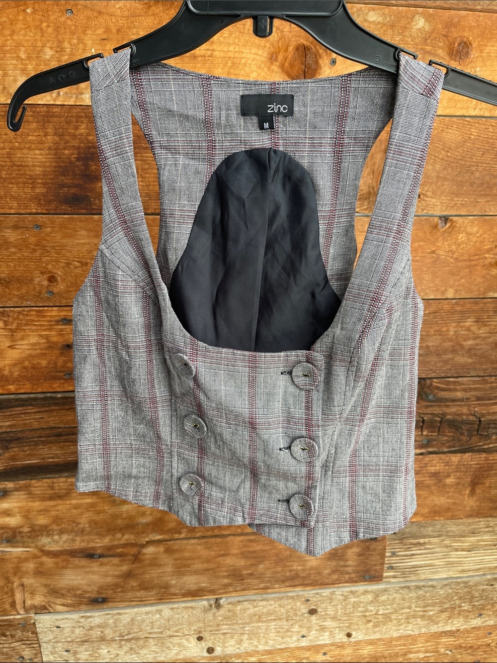 Zinc Women’s Plaid Button Front Vest Size Medium Gray Burgundy Stretch